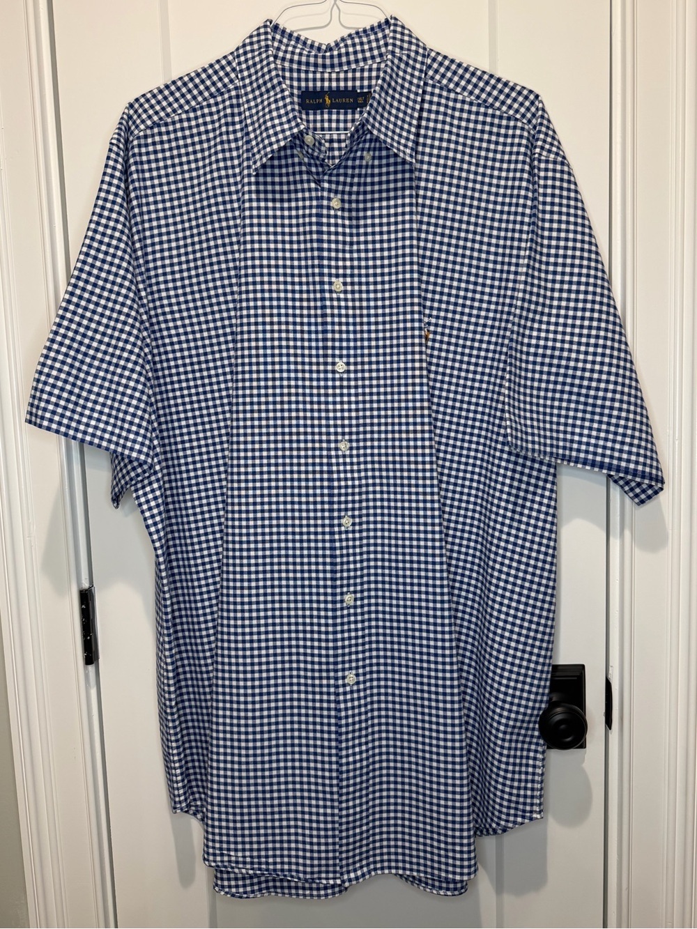 Ralph Lauren Navy and White Gingham Short-Sleeve Button-Down Shirt 2XLT